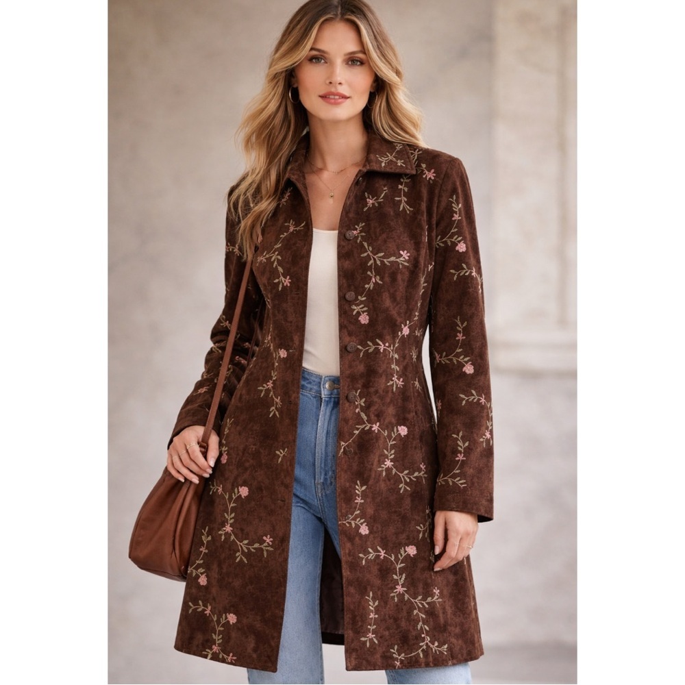 In Suede Vintage Floral Embroidered Brown Leather Coat Boho Long Jacket Small XS